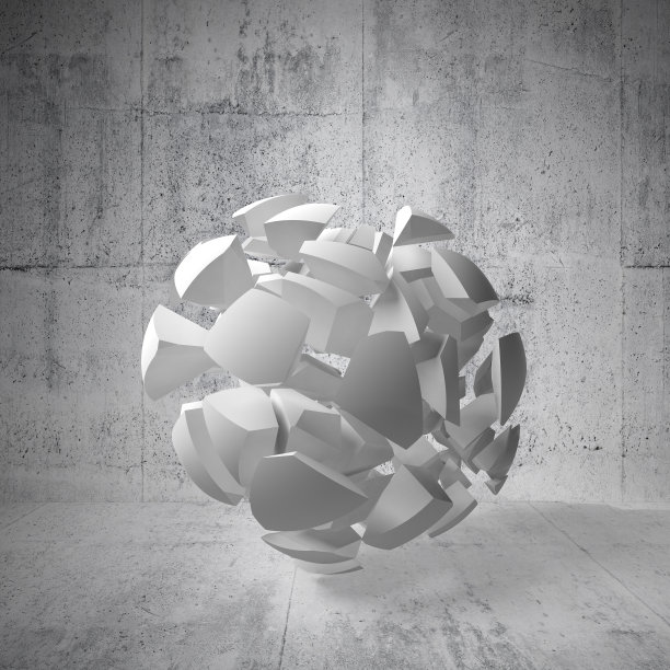 在空旷的混凝土内部有大球体的碎片图片下载