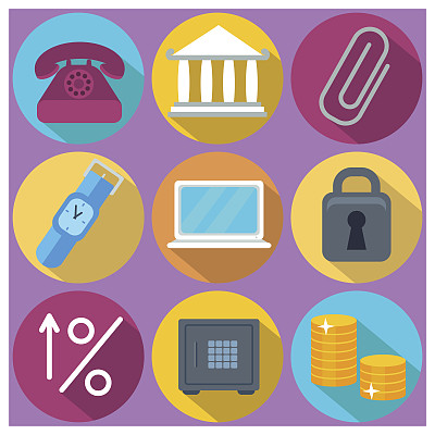 一套9个金融和银行彩色圆形图标图片下载