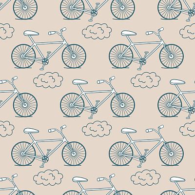 卡通风格手绘自行车和云彩无缝图案图片下载