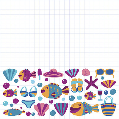 矢量平面手绘图标海滩和热带度假图片下载