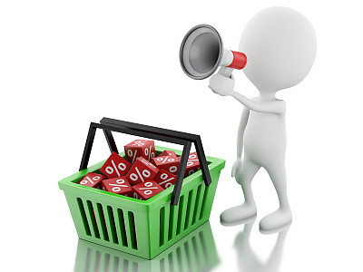 3d男子销售公告与扩音器和购物篮。图片下载