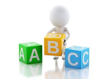 在白色背景上放着ABC立方体的3d白人。图片下载