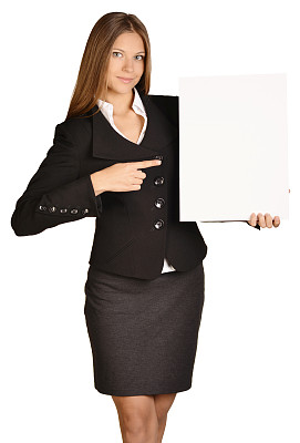 商务小姐在空白横幅上伸出食指。图片下载