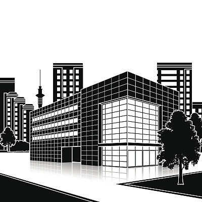 剪影办公大楼与入口和反射图片下载