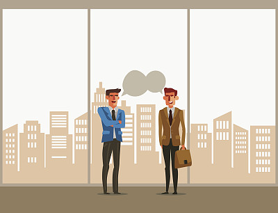 两个商人在一幢不起眼的办公楼里交谈和讨论图片下载