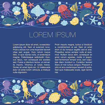 卡片上有不同可爱的水下动物在卡通风格中机智图片下载