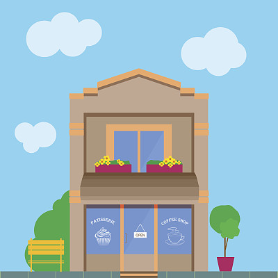 详细的向量老城建筑与咖啡店店面图片下载