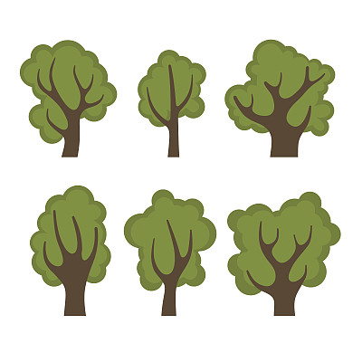 一套不同的绿树卡通风格。向量图片下载