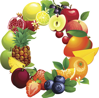 字母O由不同的水果和叶子组成图片下载