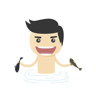 渔夫钓到了两条鱼。一手抓两条鱼。图片下载