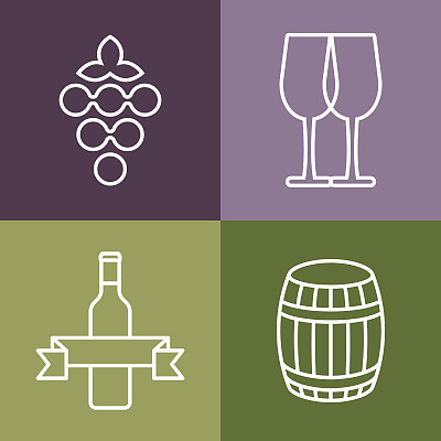一组线条图标。酒瓶，葡萄，玻璃矢量标志。图片下载