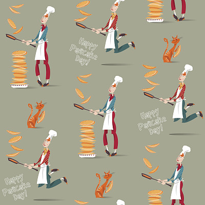 厨师在煎锅里扔煎饼。无缝的背景图案。图片下载