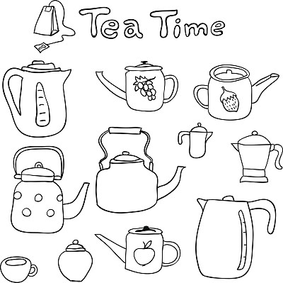 矢量手绘一套涂鸦茶壶。图片下载