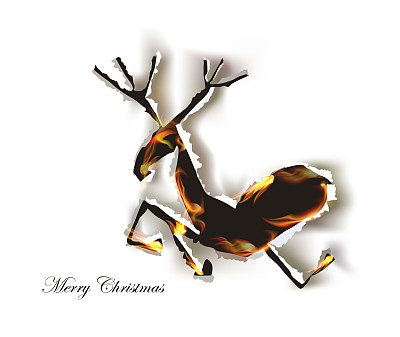 奔跑的驯鹿，撕破的纸背景和火焰图片下载