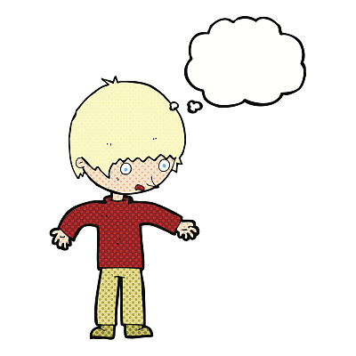 卡通困惑男孩与思想泡沫图片下载