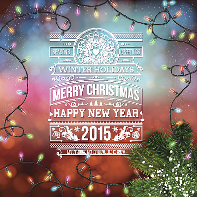 圣诞节的设计。散景背景有花环和刻字图片下载