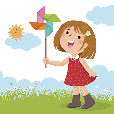 小女孩在玩五颜六色的风车玩具图片下载