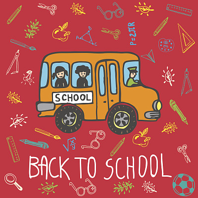 回到学校的手绘涂鸦卡与校车图片下载