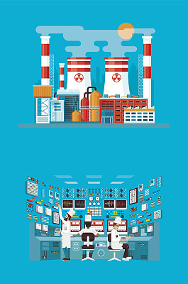 平面风格的核电站建筑立面插图图片下载