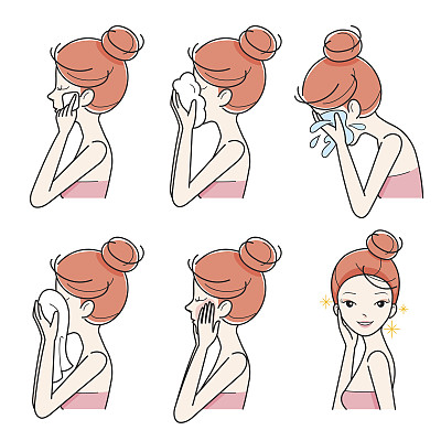 侧面的女孩清洁和护理她的脸集素材图片