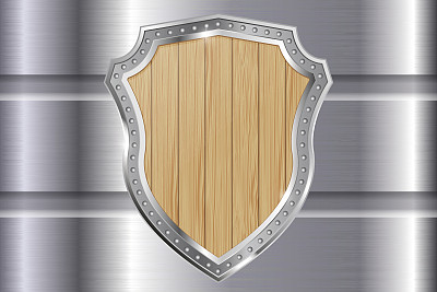 金属背景上的木制盾牌图片下载