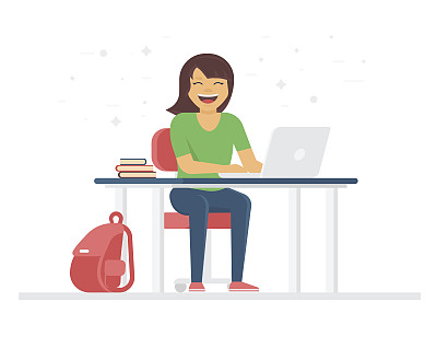 年轻的学生或女学生微笑着做家庭作业素材图片