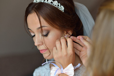 时尚美丽的黑发新娘在白色的裙子和她的朋友图片下载