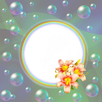 圆形的彩虹框架装饰着粉红色的百合和气泡图片下载