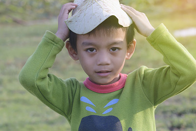 男孩在玩荷叶图片下载