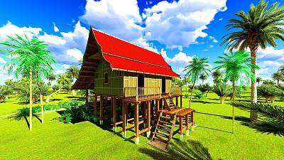 热带海滩别墅在热带的3d渲染图片下载