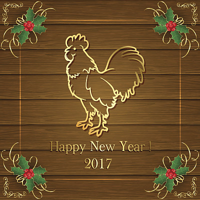 新年木雕以金鸡为背景图片下载