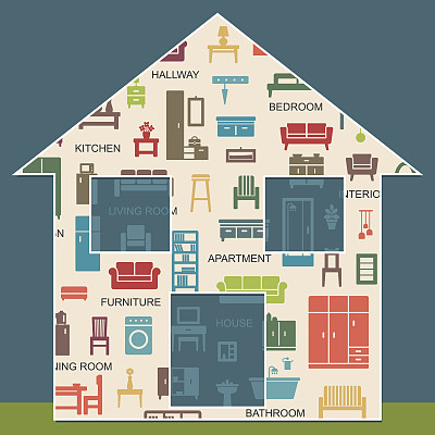 各种家居家具的剪影图标在一个房子形状2图片下载