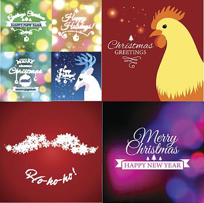 圣诞快乐明信片一套，附有设计文字。矢量插图。图片下载