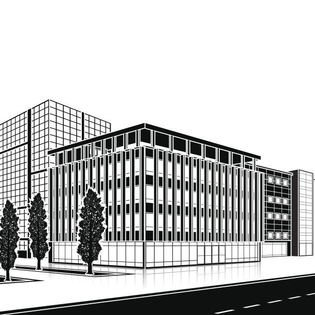 用入口和倒影剪影办公大楼图片下载