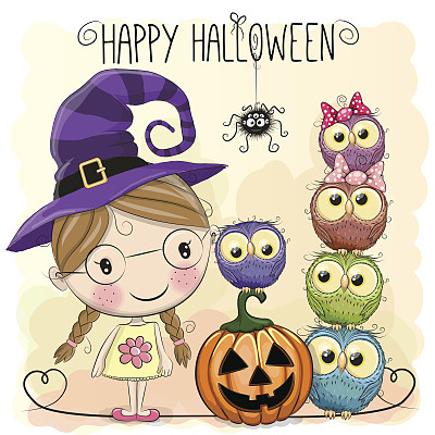 有女孩和猫头鹰的万圣节卡片图片下载