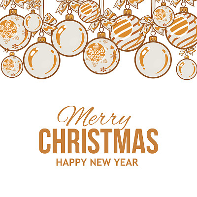 橙色的彩带和蝴蝶结圣诞球，贺卡模板图片下载