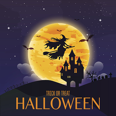 黑暗的房子和女巫飞过月亮。图片下载