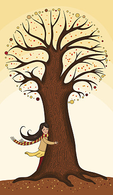 女孩抱着一棵树。手工绘制。矢量插图。图片下载