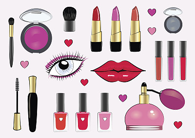 手绘化妆品套装。图片下载