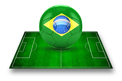 3d绿色足球场和足球与巴西国旗图片下载