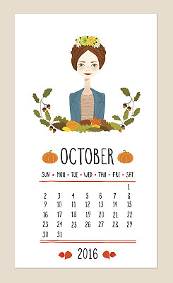 2016年日历与可爱的季节女孩。矢量图图片下载