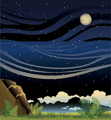 夏夜景观与洞穴和月亮。图片下载