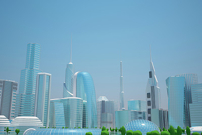 科幻未来的3d城市，有树和湖图片下载