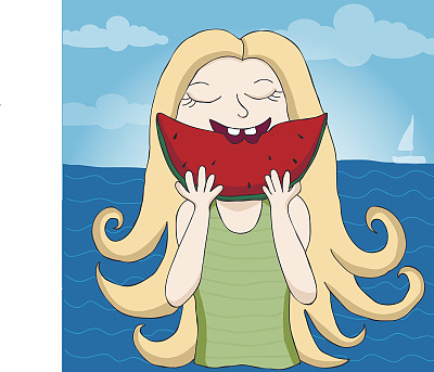 女孩吃西瓜插画图片下载