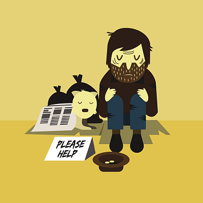 一个带着狗睡在街上的流浪汉。图片下载