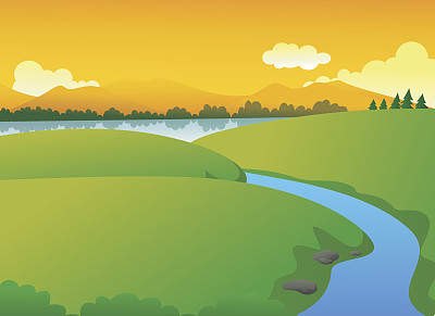 美丽的绿色自然，湖和山日落图片下载