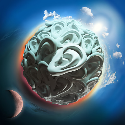 在太空中有太阳和月亮的耳朵行星图片下载