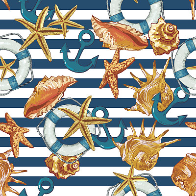 夏季海贝无缝图案，锚图片下载