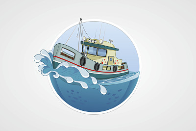 移动的渔船。深海与波浪。圆向量计算机图片下载