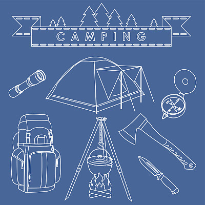一组不同的剪影露营设备线性矢量图标。图片下载